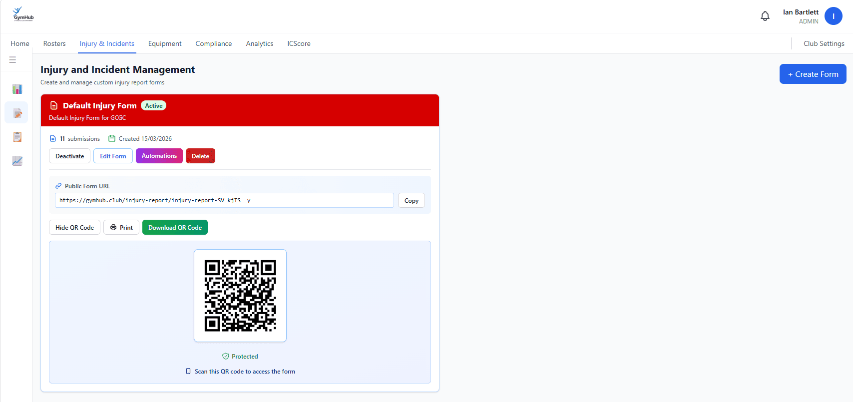 Injury report form with public QR code access